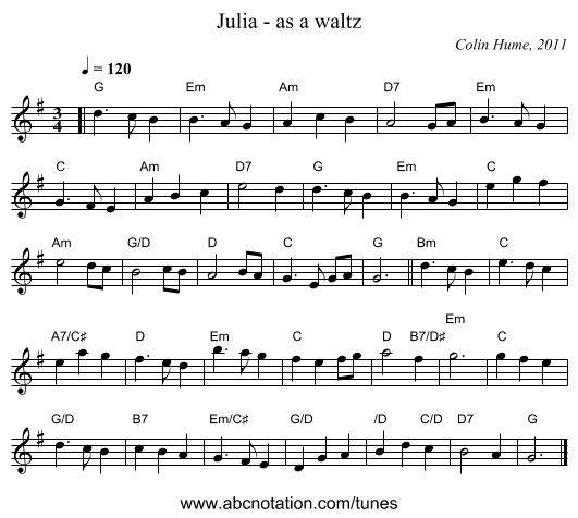 Julia - as a waltz - staff notation
