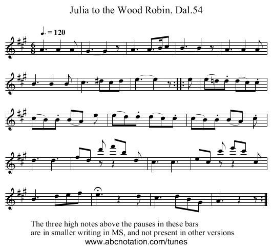 Julia to the Wood Robin. Dal.54 - staff notation