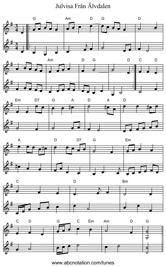 Julvisa Från Älvdalen - staff notation