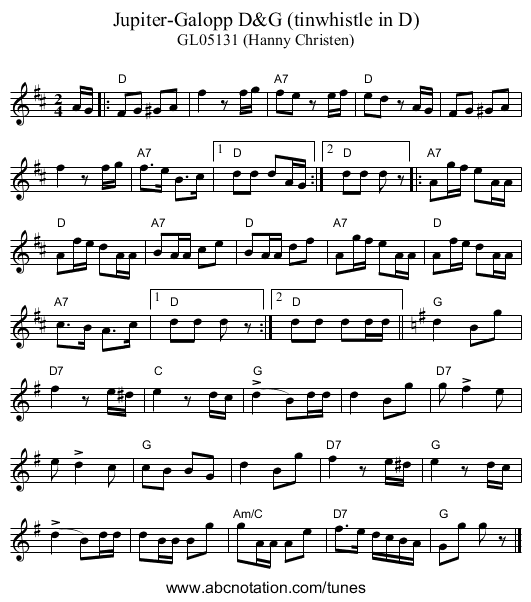 Jupiter-Galopp D&G (tinwhistle in D) - staff notation