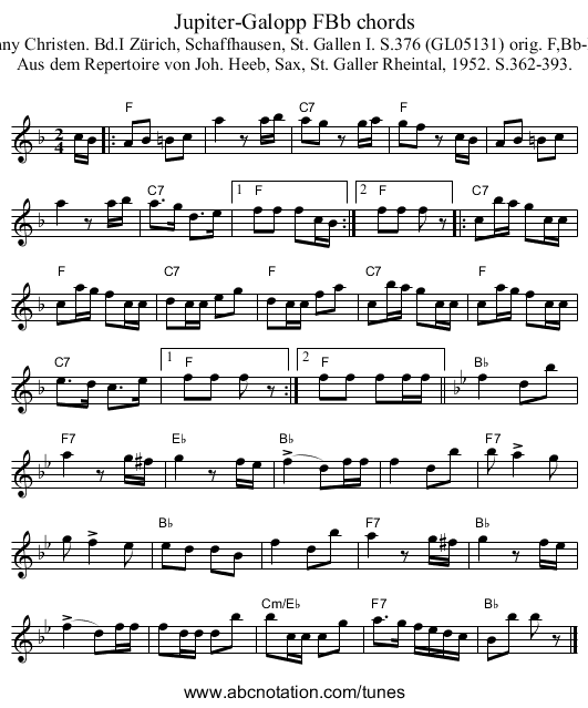 Jupiter-Galopp FBb chords - staff notation