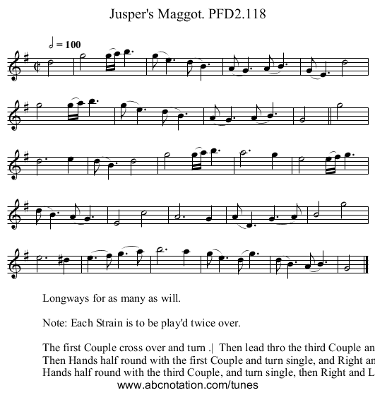Jusper's Maggot. PFD2.118 - staff notation