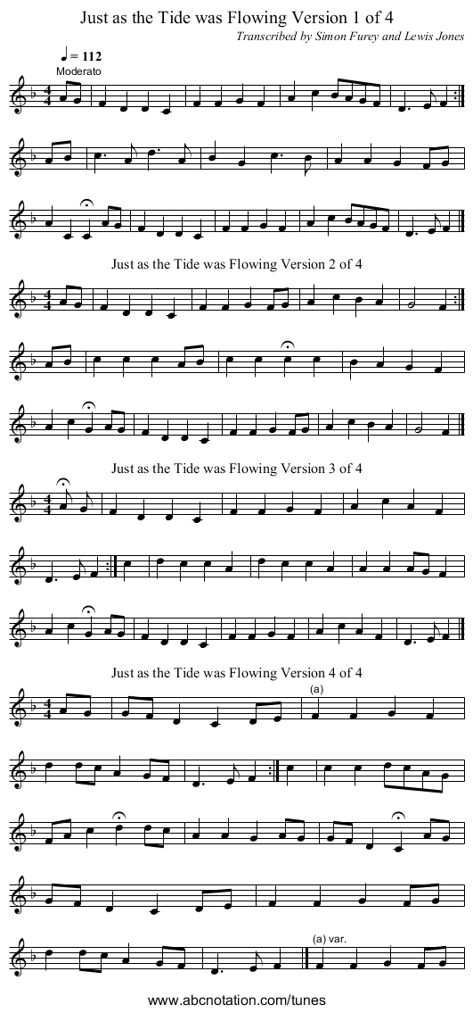 Just as the Tide was Flowing Version 1 of 4 - staff notation