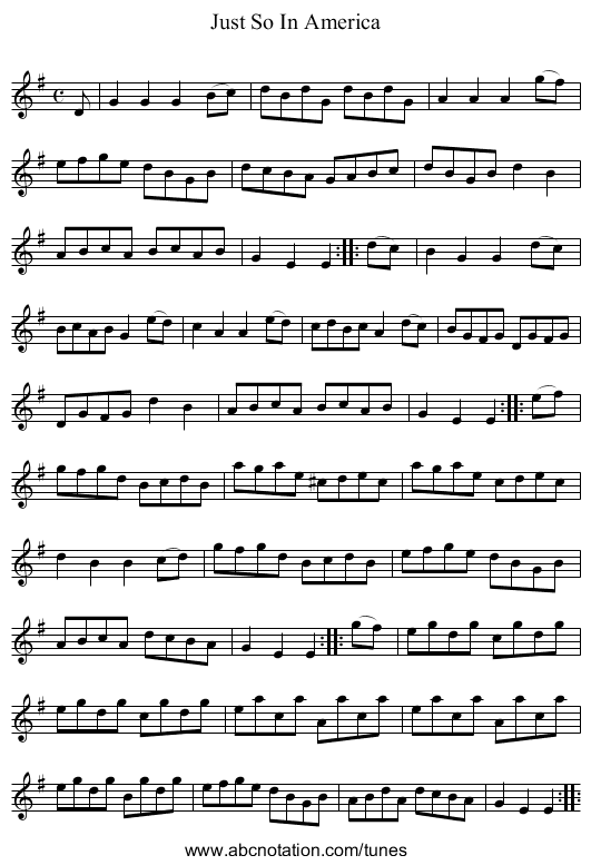 Just So In America - staff notation
