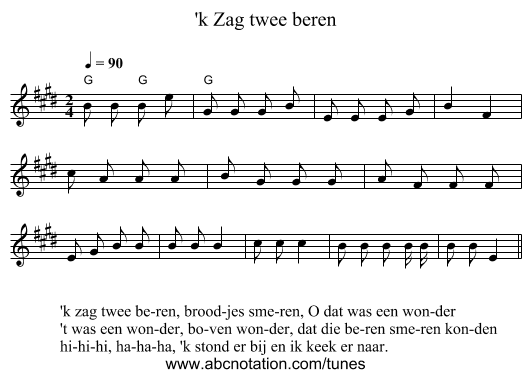 'k Zag twee beren - staff notation