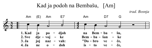 Kad ja poỌh na Bemba&scaron;u,   [Am] - staff notation
