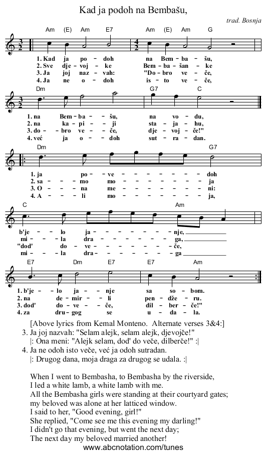 Kad ja poỌh na Bemba&scaron;u, - staff notation