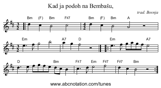 Kad ja poỌh na Bemba&scaron;u, - staff notation