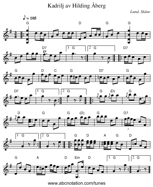 Kadrilj av Hilding Åberg - staff notation