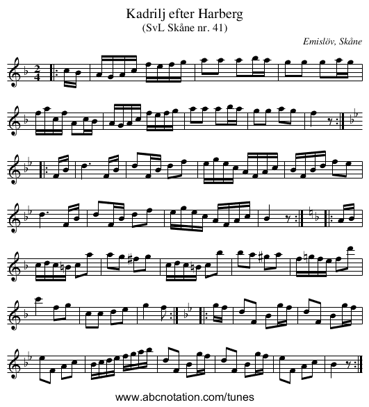 Kadrilj efter Harberg - staff notation