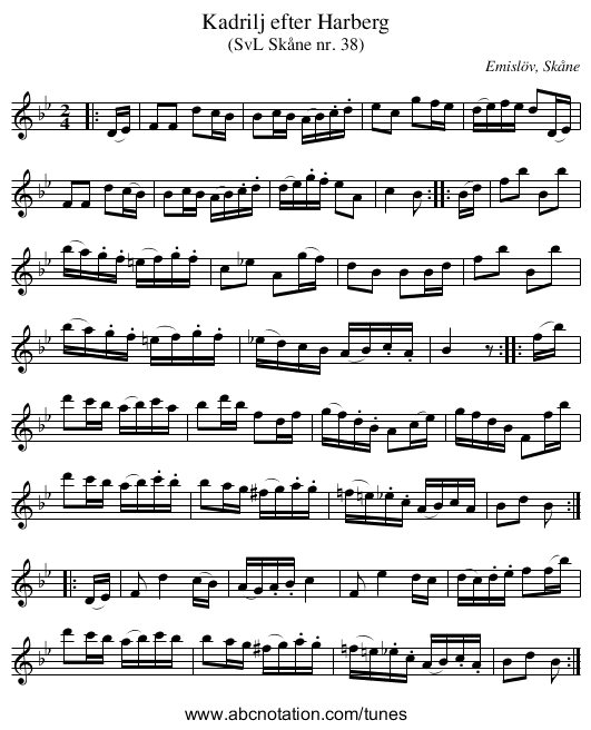 Kadrilj efter Harberg - staff notation