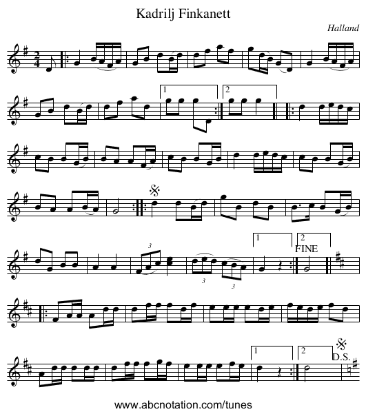 Kadrilj Finkanett - staff notation