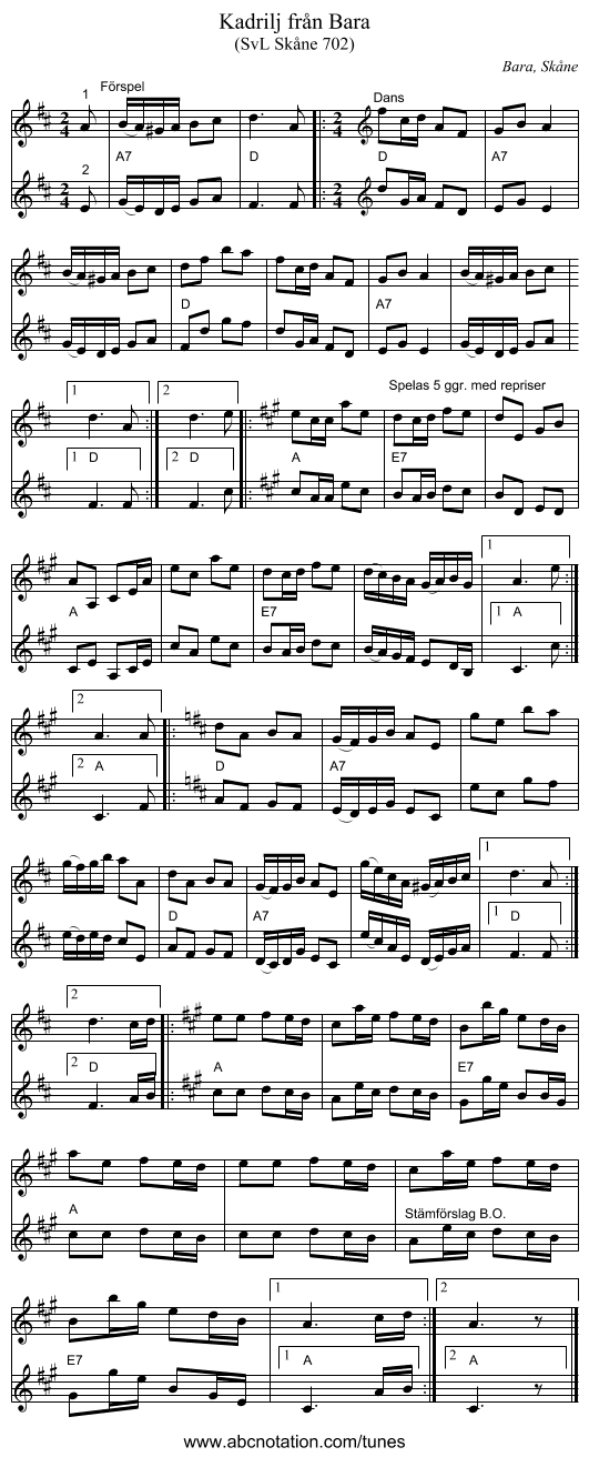 Kadrilj från Bara - staff notation