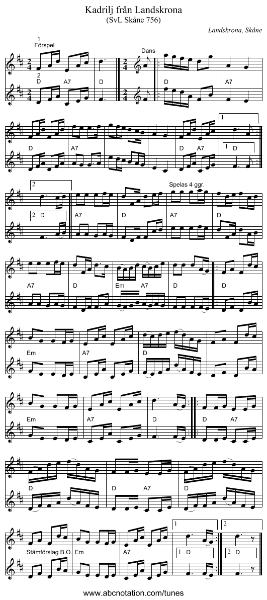 Kadrilj från Landskrona - staff notation