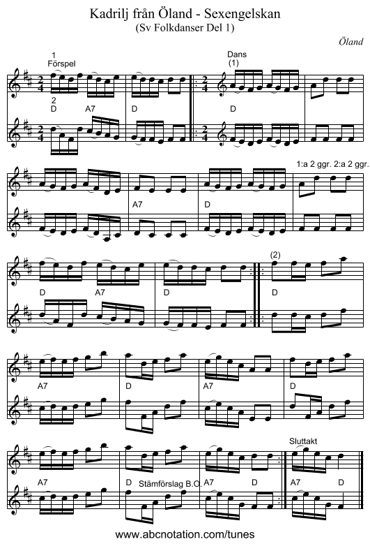 Kadrilj från Öland - Sexengelskan - staff notation