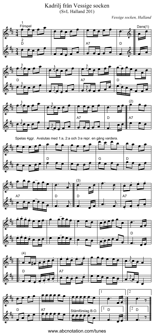 Kadrilj från Vessige socken - staff notation