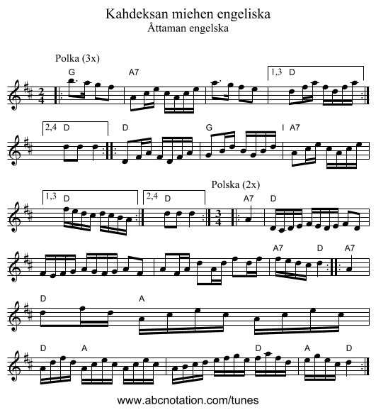 Kahdeksan miehen engeliska - staff notation