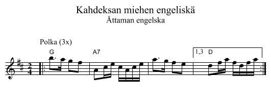 Kahdeksan miehen engelisk&auml; - staff notation
