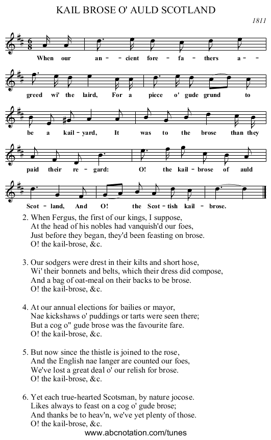 KAIL BROSE O' AULD SCOTLAND - staff notation