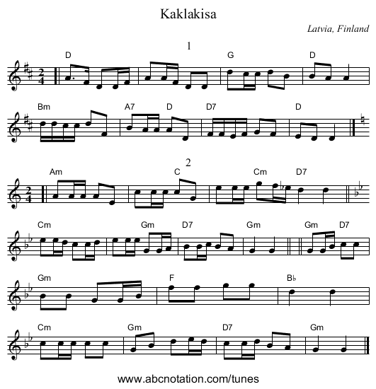 Kaklakisa - staff notation