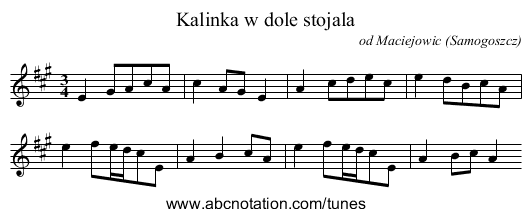 Kalinka w dole stojala - staff notation