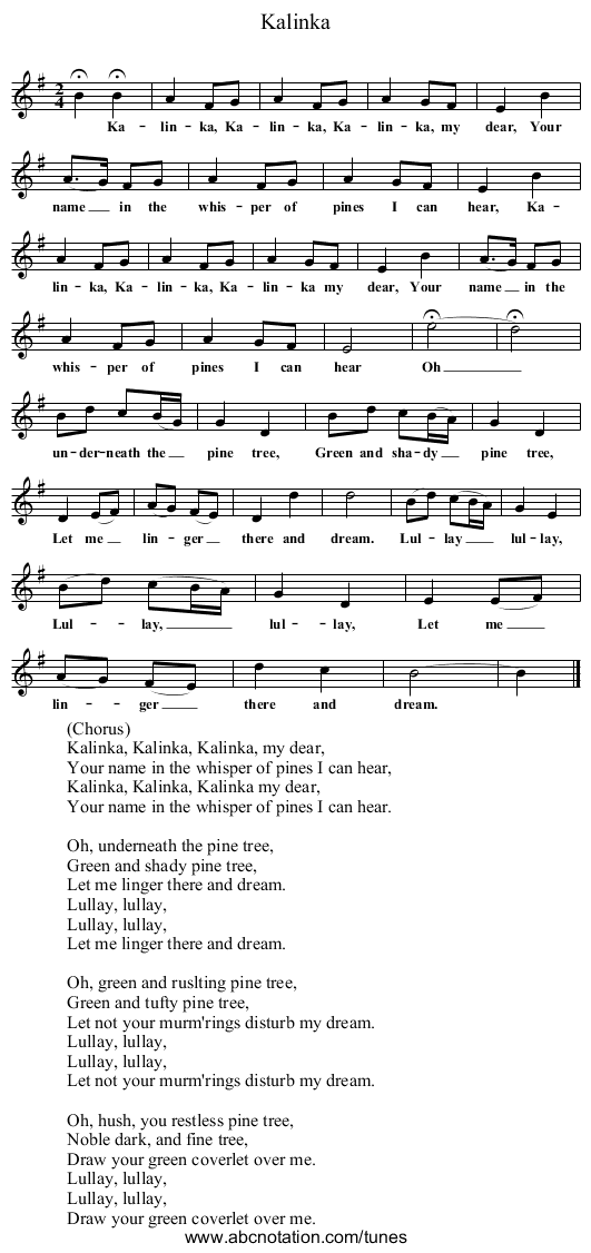 Kalinka - staff notation