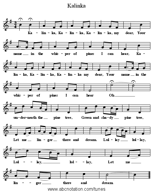 Kalinka - staff notation