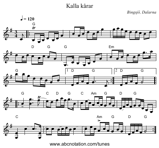 Kalla kårar - staff notation