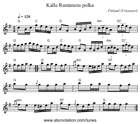 Kalle Rantanens polka - staff notation