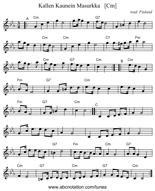 Kallen Kaunein Masurkka   [Cm] - staff notation