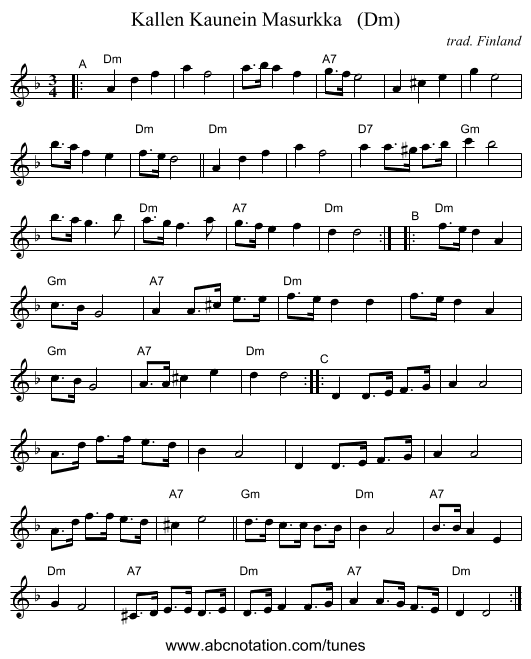 Kallen Kaunein Masurkka (Dm) - staff notation