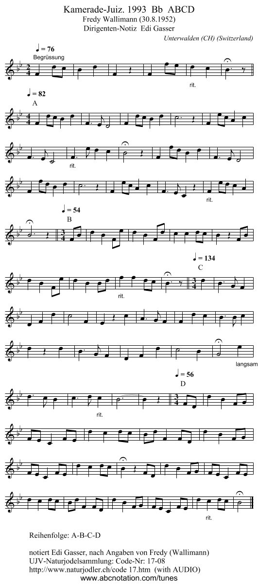 Kamerade-Juiz. 1993  Bb  ABCD - staff notation