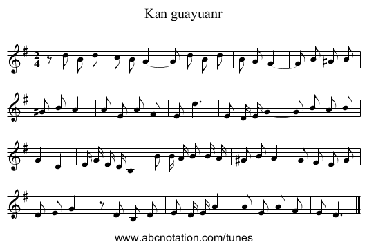 Kan guayuanr - staff notation
