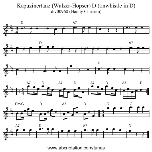 Kapuzinertanz (Walzer-Hopser) D (tinwhistle in D) - staff notation