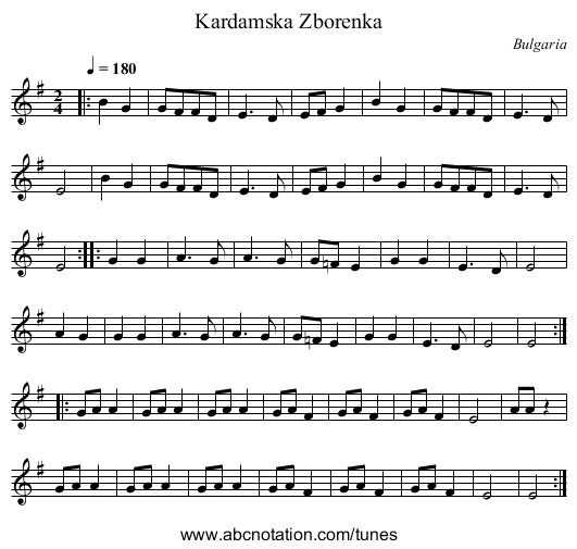 Kardamska Zborenka - staff notation