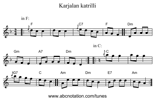Karjalan katrilli - staff notation