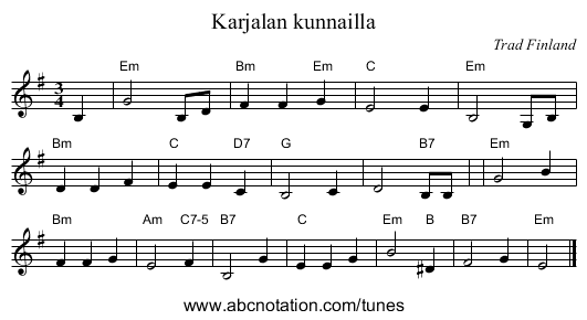 Karjalan kunnailla - staff notation