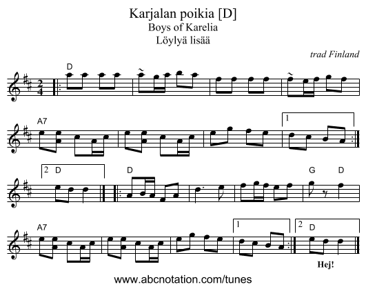 Karjalan poikia [D] - staff notation