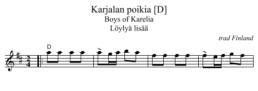 Karjalan poikia [D] - staff notation