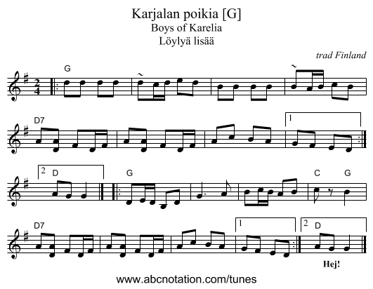 Karjalan poikia [G] - staff notation