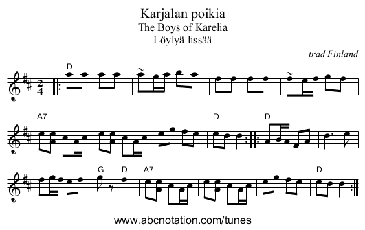 Karjalan poikia - staff notation