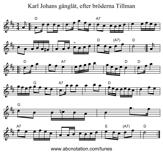 Karl Johans g&aring;ngl&aring;t, efter br&ouml;derna Tillman - staff notation