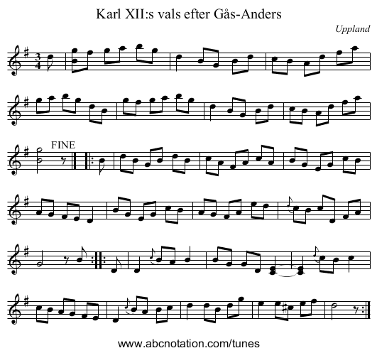 Karl XII:s vals efter G&aring;s-Anders - staff notation
