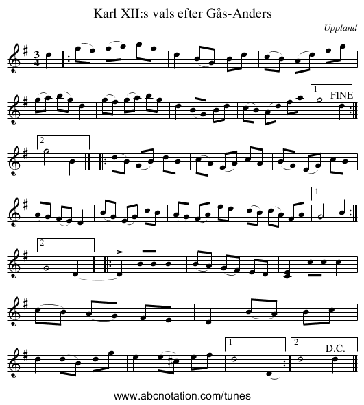 Karl XII:s vals efter Gås-Anders - staff notation