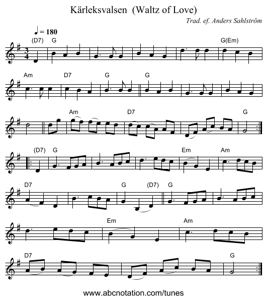 K&auml;rleksvalsen  (Waltz of Love) - staff notation