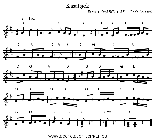 Kasatsjok - staff notation