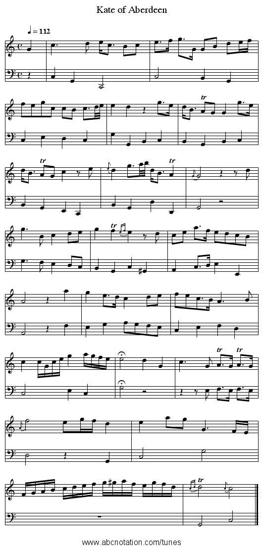 Kate of Aberdeen - staff notation