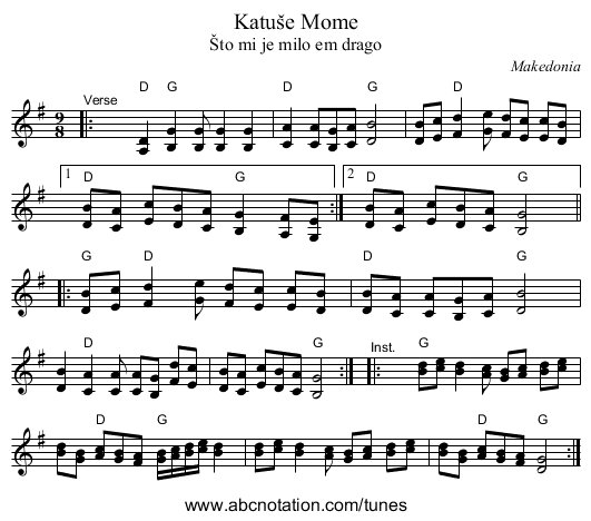 Katu&scaron;e Mome - staff notation