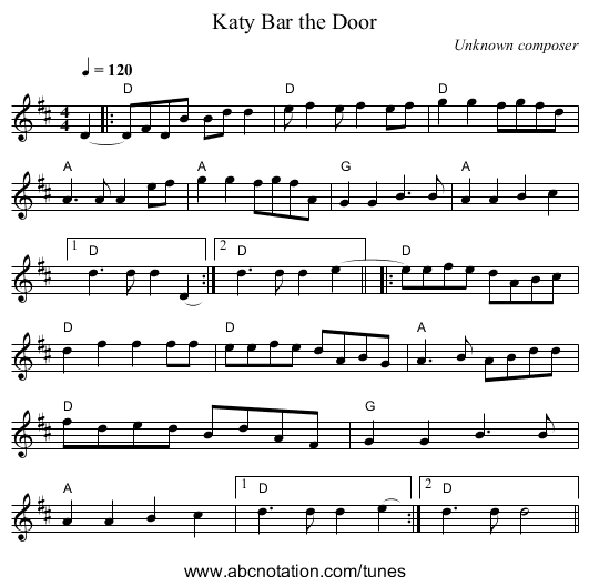 Katy Bar the Door - staff notation