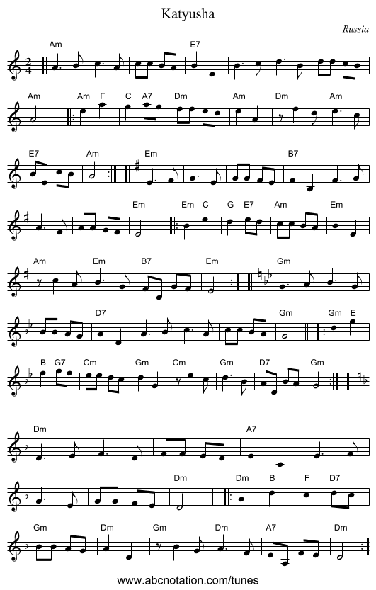 Katyusha - staff notation